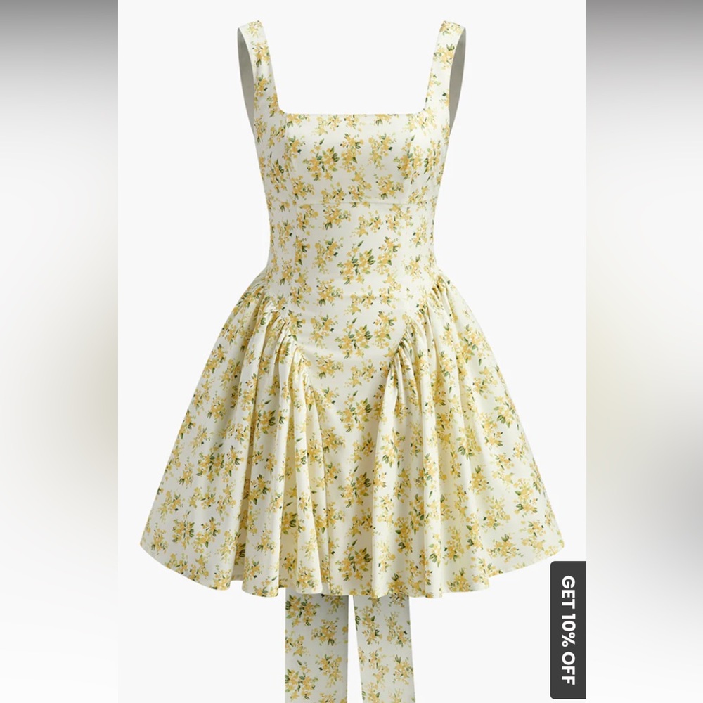Commense Floral Yellow and Green Dress